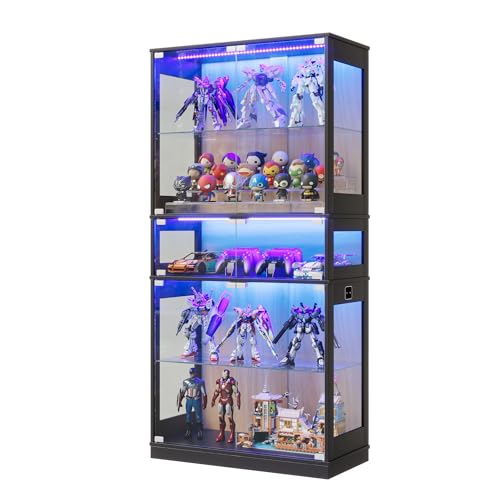 65" H Lighted Display Cabinet with Glass Doors & 5-Tier Shelves, Curio Cabinets with Motion Sensor LED Lights for Collectibles/Figurines, Tall Storage Cabinets for Living Room (Black Wood)