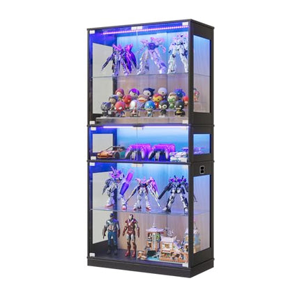 65" H Lighted Display Cabinet with Glass Doors & 5-Tier Shelves, Curio Cabinets with Motion Sensor LED Lights for Collectibles/Figurines, Tall Storage Cabinets for Living Room (Black Wood)