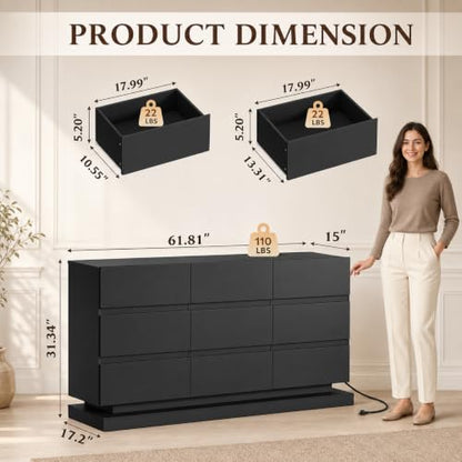 9 Drawer Dresser with LED Light, Dresser with Charging Station, view 3