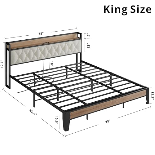 King Size Bed Frame with Headboard & Charging Station,Wood and Cream, view 3