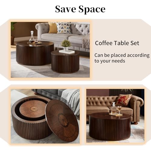 Round Coffee Table Set of 2, Nesting Coffee Tables with Removable Lid, Mid Century Modern Wooden End Table with Large Storage Space for Living Room