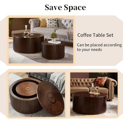 Round Coffee Table Set of 2, Nesting Coffee Tables with Removable Lid, Mid Century Modern Wooden End Table with Large Storage Space for Living Room