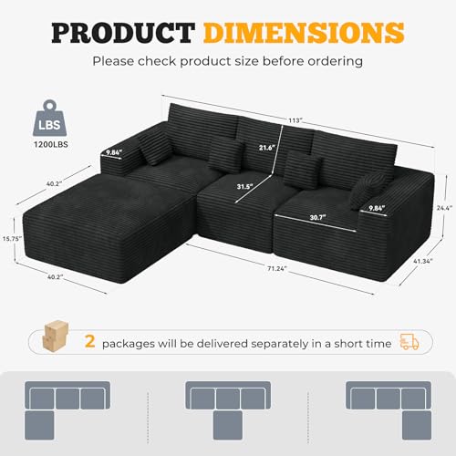 113" Modular Sectional Sofa, Convertible L-Shaped Cloud Couches for Living Room with Ottoman, 4 Seater Corduroy Boneless Couch Sofa Set, No Assembly Required, Black 1 PCS