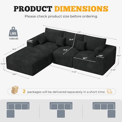 113" Modular Sectional Sofa, Convertible L-Shaped Cloud Couches for Living Room with Ottoman, 4 Seater Corduroy Boneless Couch Sofa Set, No Assembly Required, Black 1 PCS