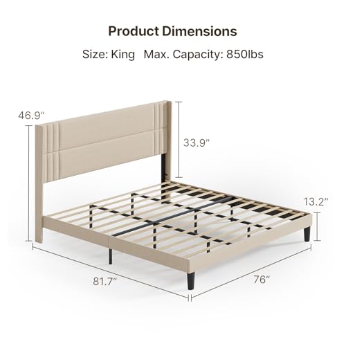 King Bed Frame with Wingback Headboard, Upholstered Platform Bed, view 3