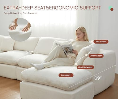 110'' Oversized Boneless Cloud Couch for Living Room, Modern Big Sectional Compressed L Shape Couch with Ottoman, Comfy Chenille Deep Seat Memory Foam Spineless 4 Seater Sofa, Beige