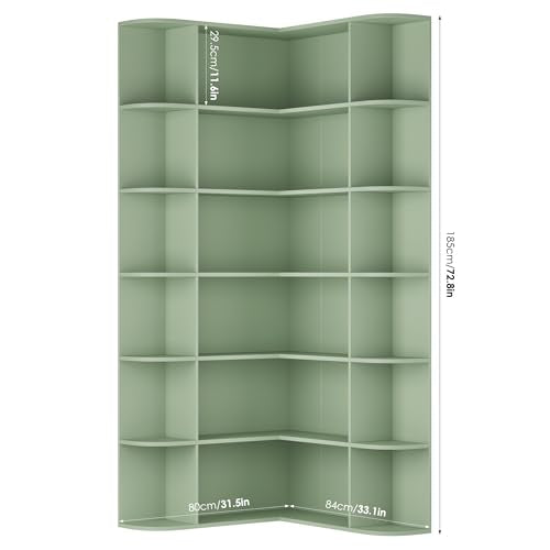 72” Tall Corner Bookshelf, 6-Tier Bookshelf and Bookcase with Open Storage, Tall Bookcases Wooden Storage Shelves for Home Office, Thickened Boards for Better Load Bearing, Green