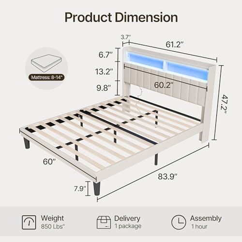 Queen Size Bed Frame with Headboard & Charging Station, view 3