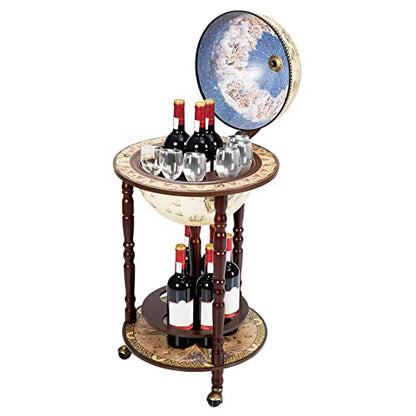 Globe Wine Bar Cabinet, Italian Replica Bar Cart with Wheels and Liquor Bottle Shelf, Solid Wood Wine Bar Stand for Home, Kitchen, Bar, Pub (Cream White)