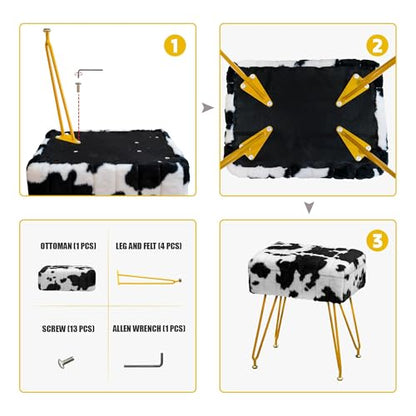 Multifunctional Vanity Stool Chair for Vanity, Padded Seat, Storage Ottoman in Rectangle Fuzzy Fluffy Design, Footrest and 4 Gold Legs for Makeup Room, Bedroom, Living Room, Cow