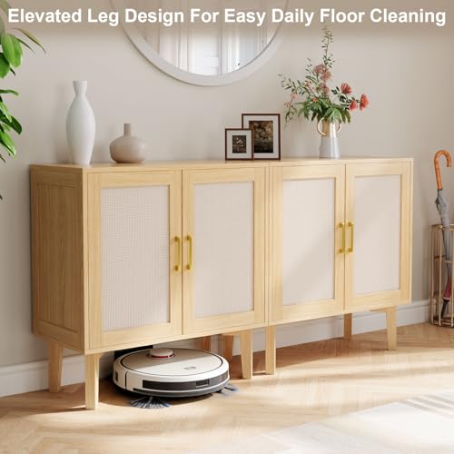 32.2" Rattan Sideboard Cabinet | Modern Accent Storage Cabinet with Adjustable Shelf and Solid Wood Legs for Kitchen, Living Room, Entryway, Natural Oak