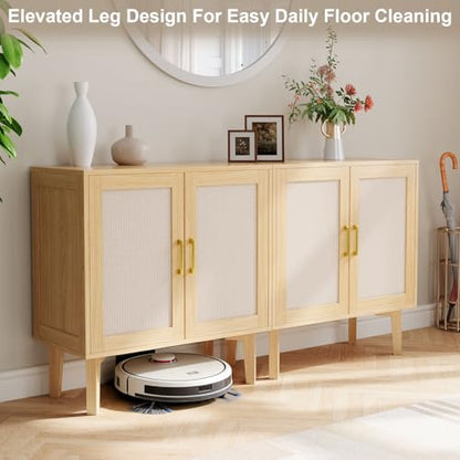 32.2" Rattan Sideboard Cabinet | Modern Accent Storage Cabinet with Adjustable Shelf and Solid Wood Legs for Kitchen, Living Room, Entryway, Natural Oak