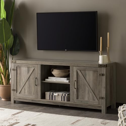 Larae Modern Farmhouse Barn Door TV Stand for TVs up to 65 Inches, 58 Inch TV Table for Living Room, Without Fireplace, Grey Wash