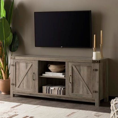 Larae Modern Farmhouse Barn Door TV Stand for TVs up to 65 Inches, 58 Inch TV Table for Living Room, Without Fireplace, Grey Wash