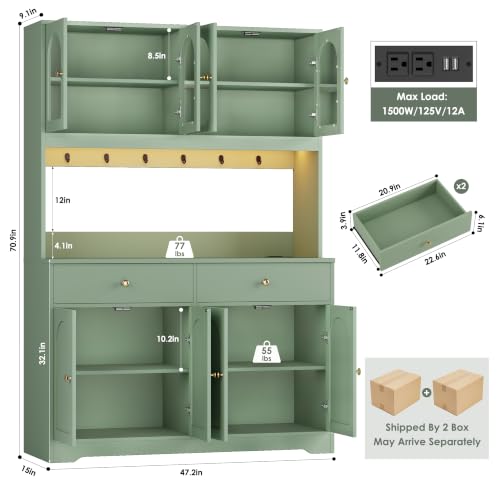 71" LED Kitchen Pantry Cabinet with Power Outlet, Tall Hutch, Green, view 4