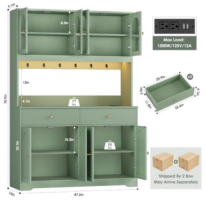 71" LED Kitchen Pantry Cabinet with Power Outlet, Tall Hutch, Green, view 4