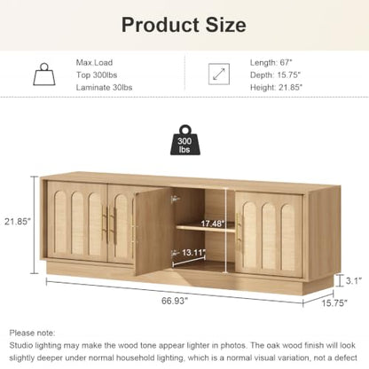 67" Arched Rattan Sideboard Buffet, 4 Door Adjustable Storage, Natural Oak, view 3