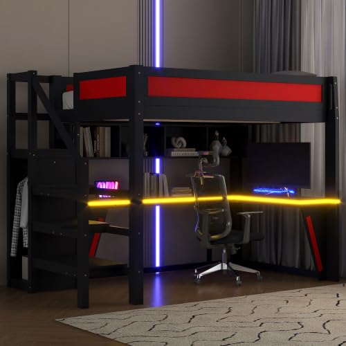 JIVOIT Full Size Gaming Loft Bed Frame with Desk, Wardrobe, Side Ladder, Shelves (Black+Red/ 66)