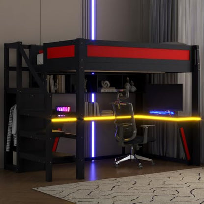 JIVOIT Full Size Gaming Loft Bed Frame with Desk, Wardrobe, Side Ladder, Shelves (Black+Red/ 66)