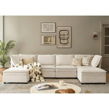 127'' Modular Sectional Sofa, Oversized U Shaped Couch with Storage Ottoman, Comfy Chenille Sofa with Deep Seat, 6 Seat Convertible Couches for Living Room, Beige