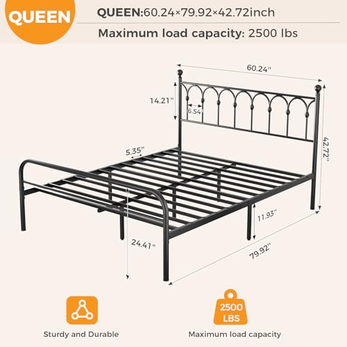 Queen Bed Frame with Headboard, Victorian Metal Platform Bed Frame, view 3