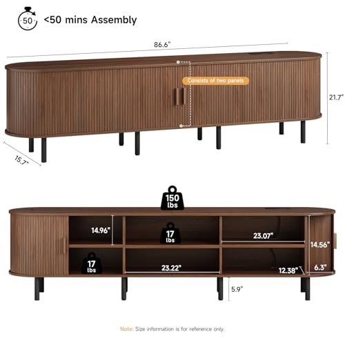 86.6" TV Stand with Power Outlet & Storage for TVs up to 90“ Walnut, view 3