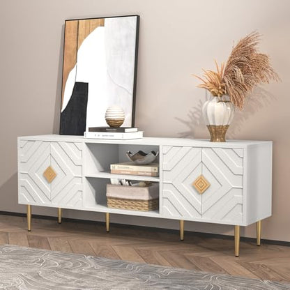 63'' White TV Stand for 65/70/75 inch TV, Entertainment Center with Storage Cabinets and Embossed Pattern Doors, Mid Century Modern Media TV Console Table for Living Room Bedroom