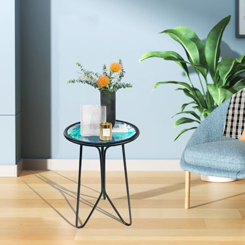 Patio Side Table, Small Round End Table, Metal Side Table Outdoor, Small Porch Table for Indoor Balcony Furniture Decor (Blue Glass 12inch)
