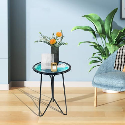 Patio Side Table, Small Round End Table, Metal Side Table Outdoor, Small Porch Table for Indoor Balcony Furniture Decor (Blue Glass 12inch)