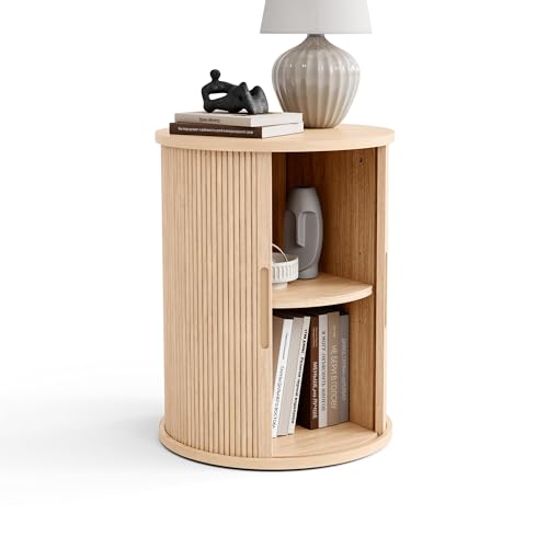 Round Fluted End Table, Tall Side Table with Sliding Tambour Door and Storage Shelf, Modern Bedside Table, Mid-Century Nightstand for Living Room, Bedroom, Oak
