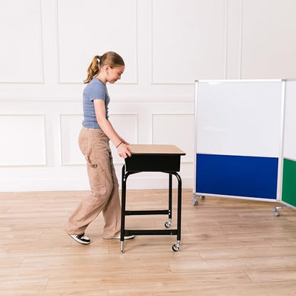 Mobile Open Front Desk with Metal Storage Book Box, Classroom Furniture, Oak