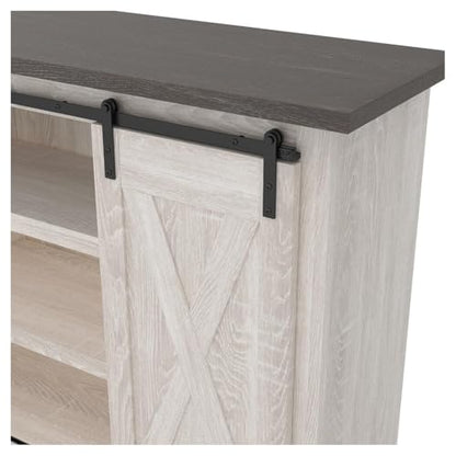 Signature Design by Ashley Dorrinson Farmhouse TV Stand Fits TVs up to 50" with Sliding Barn Doors and Storage Shelves, Whitewash & Gray