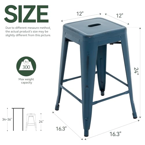 24 Inch Metal Bar Stools, Backless Counter Height Barstools, Indoor Outdoor Stackable Stools with Square Seat, Set of 2 (Distressed Deep Blue)