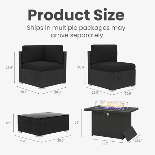 8 Pieces Patio Furniture Set with 44" Propane Gas Fire Pit Table, Outdoor Sectional Wicker Conversation Sofa Sets with Coffee Table