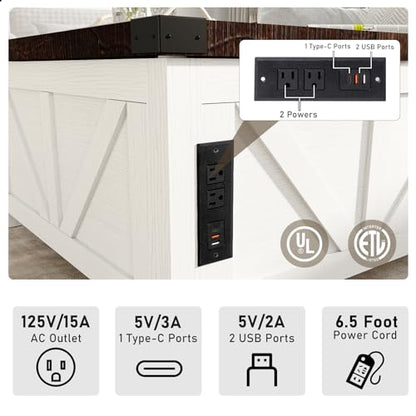 Farmhouse Lift Top Coffee Table with Storage, Wood Square Center Table with Charging Station&USB Port, Living Room Table w/Large Hidden Space, for Living Room, Bedroom, Home Office, White