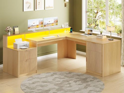 66" Modern L Shaped Desk with Drawers, Fluted Home Office Desk with File Cabinet and Printer Shelf, Wood Executive Desk with Monitor Stand, Power Outlets, Led Lights, Oak