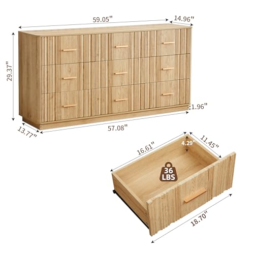 Fluted 9 Drawer Dresser,59"Wide Modern Chest of Drawers with Sturdy Base,Wood Closet Organizers,TV Stand,Storage Dresser with 9 Deep Drawers for Bedroom Living Room Hallway Entryway Nursery(Natural)