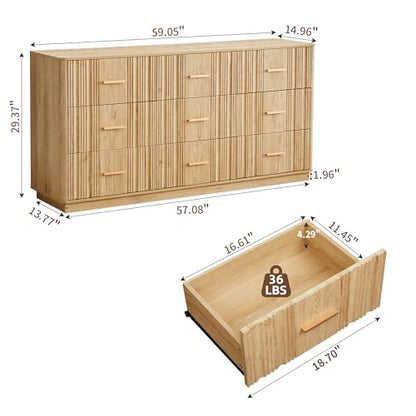 Fluted 9 Drawer Dresser,59"Wide Modern Chest of Drawers with Sturdy Base,Wood Closet Organizers,TV Stand,Storage Dresser with 9 Deep Drawers for Bedroom Living Room Hallway Entryway Nursery(Natural)