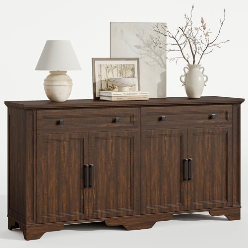 63" Sideboard Buffet Cabinet, Large Credenza with Drawers Walnut, view 2