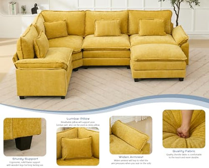 112" Oversized Modular Sectional Sofa U-Shaped Corner Cloud Couch with Ottoman, Convertible Deep Seat Chenille Couch for Living Room, Spacious Space (Yellow, 4 Seater)