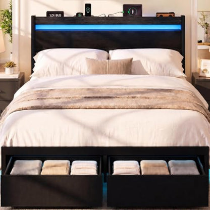 Queen Bed Frame with Drawers, Platform Bed with LED Lights & Charging Station, view 3