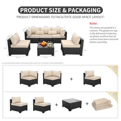 Patio Sectional 6 Pieces All-Weather Wicker Patio Furniture Set Outdoor Sectional with Glass Table Non-Slip Cushions and Waterproof Cover, Khaki