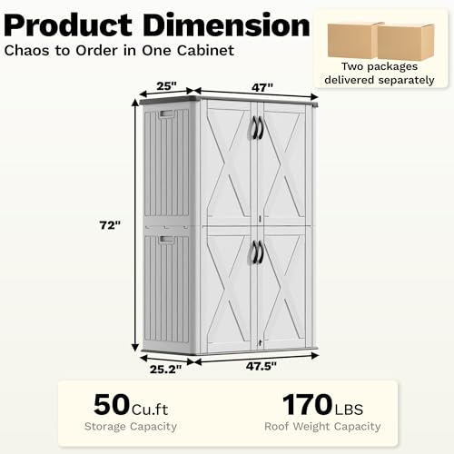 50 Cu Ft Plastic Outdoor Storage Cabinet, White | Vertical Resin Storage Shed with Lockable Door, Waterproof Shed for Patio Furniture Pool Toy, Garden Tool, Shelf Not Included