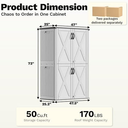 50 Cu Ft Plastic Outdoor Storage Cabinet, White | Vertical Resin Storage Shed with Lockable Door, Waterproof Shed for Patio Furniture Pool Toy, Garden Tool, Shelf Not Included