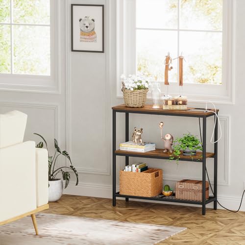 Console Table with Power Outlets, Entryway Table with Storage, Narrow Sofa Table with 3 Tier Shelves, 2 USB Ports, 2 Power Outlets, Hallway Table for Couch, Living Room, Entrance