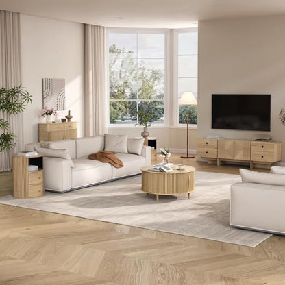 Round Coffee Table with Storage, 31.5" Natural Oak Drum Table for Small Space, Fluted Wood Center Table with Hidden Compartment, Modern Farmhouse Furniture for Living Room Organization