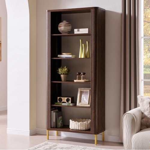 74" Tall Fluted Bookshelf, 5 Tiers Modern Curved Bookcase, Brown, view 7