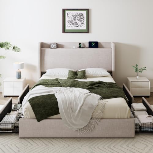 Queen Size Storage Bed Frame with 4 Oversized Drawers, view 5