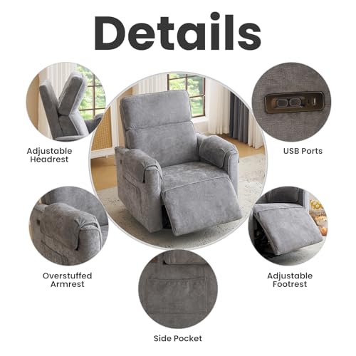 Oversized Power Recliner Chair with Adjustable Headrest, Swivel Rocking Recliner for Adults, 24" Extra Wide Glider Nursery Chair with Overstuffed Armrest for Living Room, USB Ports, Grey