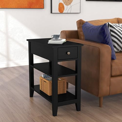 Side Table Living Room, Narrow End Table with Drawer and Shelf, 3-Tier Sofa End Table for Small Space, Black